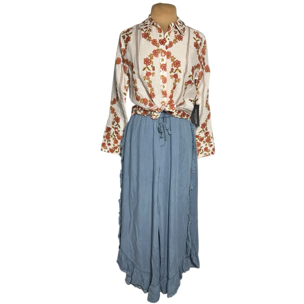 Easel light blue chambray denim wide leg elastic waist pull on pants size Large - Picture 8 of 13
